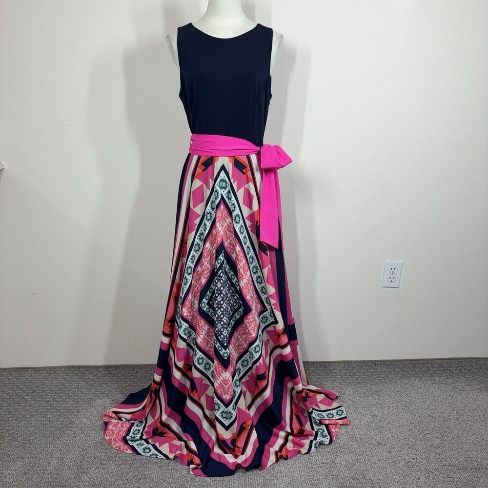 Eliza J Dress Womens 10 Multicolor Geometric Maxi Belted Bow Party Wedding